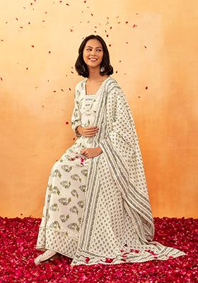 Off White And Green Floral Print Anarkali Cotton Kurta With Printed Pants And Dupatta (Set of 3)