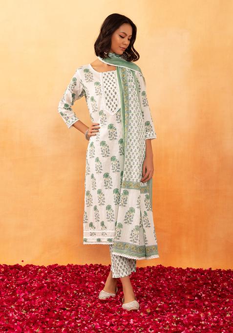 Off White And Green Floral Print Cotton Kurta With Printed Pants And Dupatta (Set of 3)