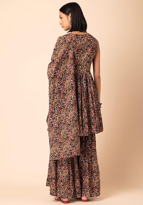 Babyhug Three Fourth Sleeves Printed Kurti Sharara and Dupatta Set with Floral Print - Blue main image 0