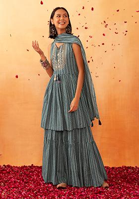 Blue Printed Cotton Sharara With Geometric Print Short Kurta And Dupatta (Set of 3)