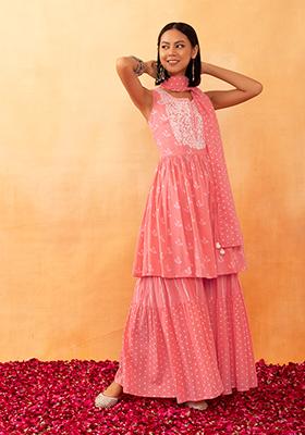 Pastel Pink Printed Cotton Sharara With Floral Print Short Kurta And Dupatta (Set of 3)