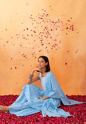 Pastel Blue Printed Cotton Sharara With Floral Print Short Kurta And Dupatta (Set of 3)