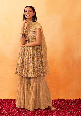 Mustard Printed Cotton Sharara With Floral Print Short Kurta And Dupatta (Set of 3)