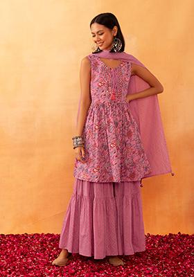 Light Pink Printed Cotton Gharara With Floral Print Kurta And Dupatta (Set of 3)