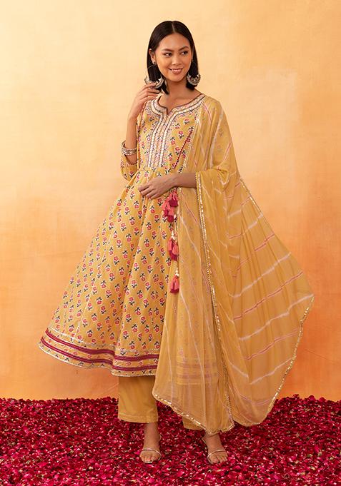 Yellow Floral Print Embroidered Cotton Anarkali Kurta With Pants And Dupatta (Set of 3)