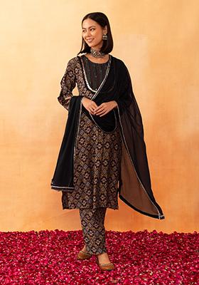 Black Geometric Print Muslin Kurta With Printed Pants And Dupatta (Set of 3)
