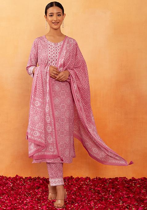 Pink Floral Foil Print Cotton Kurta With Printed Pants And Dupatta (Set of 3)