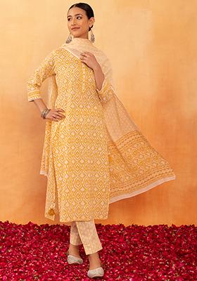 Off White And Yellow Mughal Print Cotton Kurta With Pants And Dupatta (Set of 3)