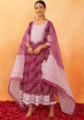 Hot Pink Striped Embroidered Cotton Anarkali Kurta With Pants And Dupatta (Set of 3)