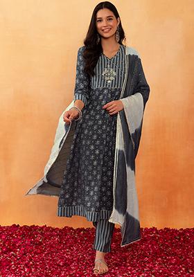 Dark Grey Floral Boota Print Muslin Anarkali Kurta With Pants And Dupatta (Set of 3)