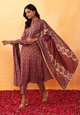 Rust Floral Jaal Print Muslin Kurta With Pants And Dupatta (Set of 3)