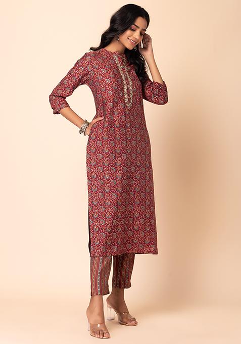 Peach Floral Print Muslin Embroidred Kurta Trouser with Dupatta