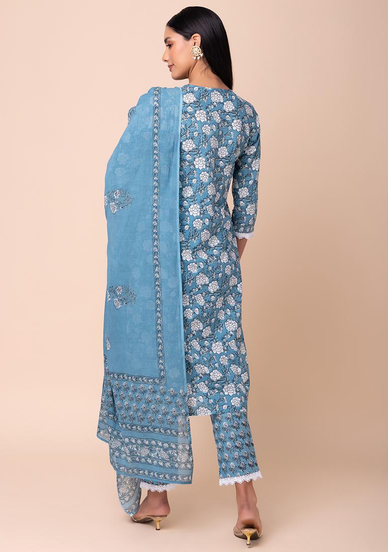 Blue Floral Print Cotton Kurta With Printed Pants And Dupatta (Set of 3)