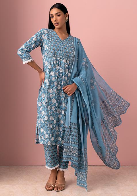 Blue Floral Print Cotton Kurta With Printed Pants And Dupatta (Set of 3)