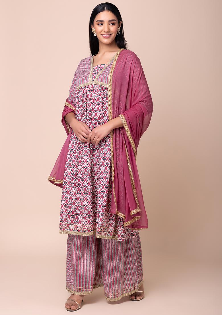 Pink Batik Print A-Line Kurta With Pants And Dupatta (Set of 3)