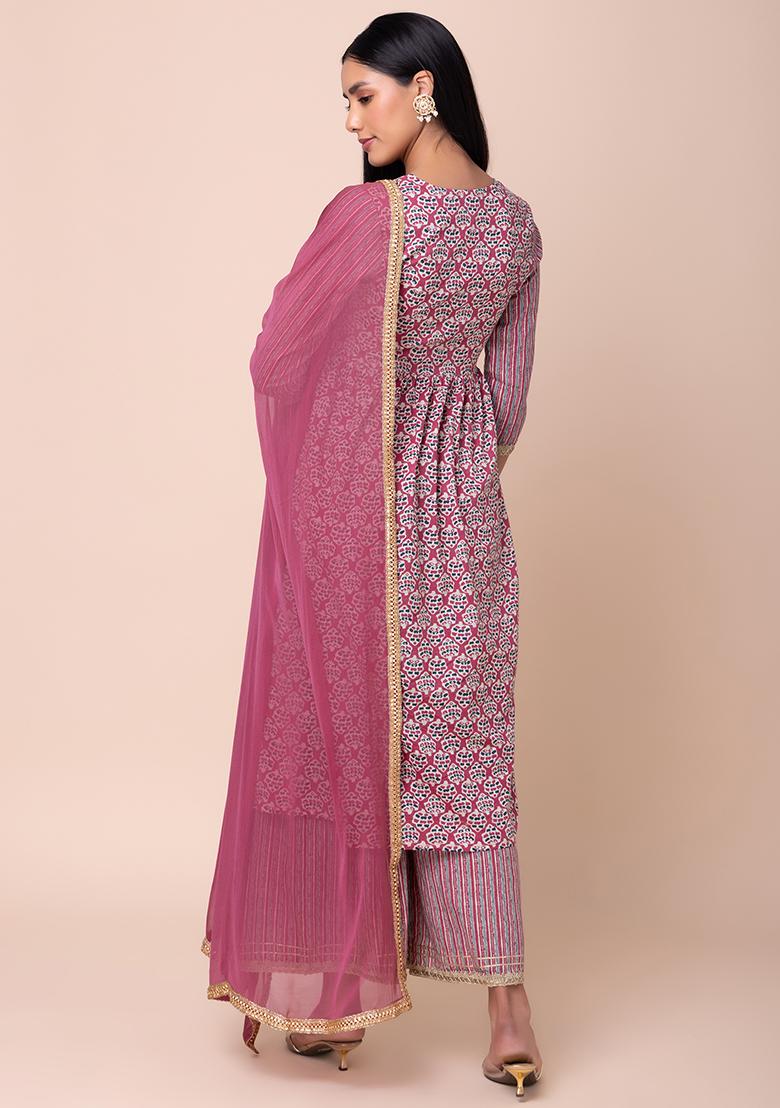 Pink Batik Print A-Line Kurta With Pants And Dupatta (Set of 3)