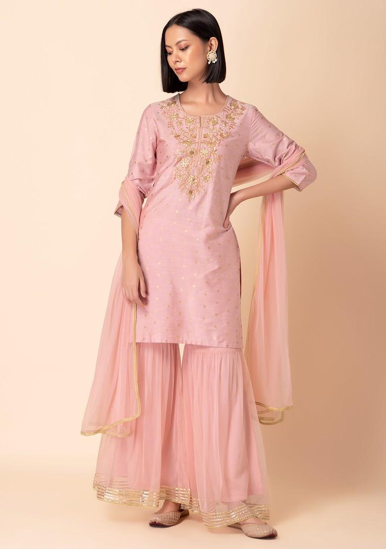 Pastel Pink Sharara With Zari Embroidered Short Kurta And Dupatta (Set of 3)