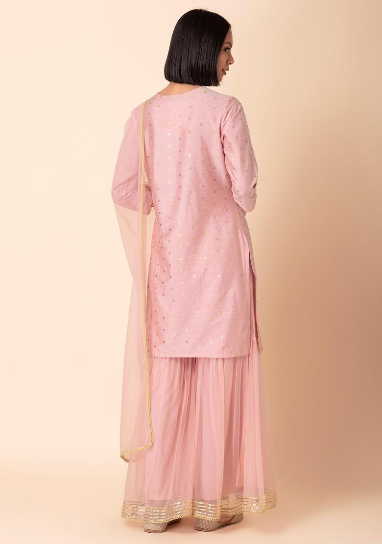 Pastel Pink Sharara With Zari Embroidered Short Kurta And Dupatta (Set of 3)