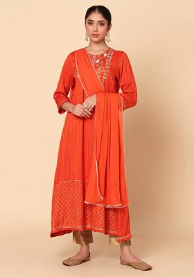 Orange Thread Embroidered A-Line Maxi Kurta With Dupatta (Set of 2)