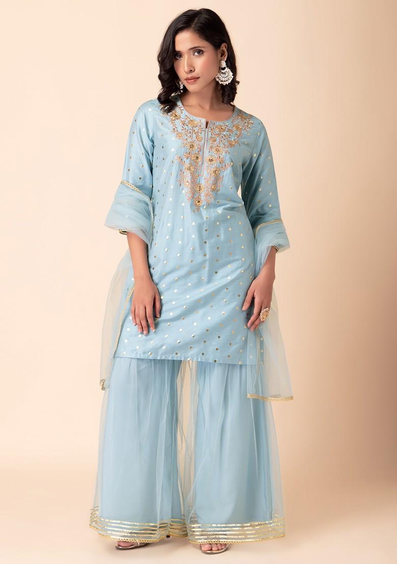 Pastel Blue Sharara With Zari Embroidered Short Kurta And Dupatta (Set of 3)