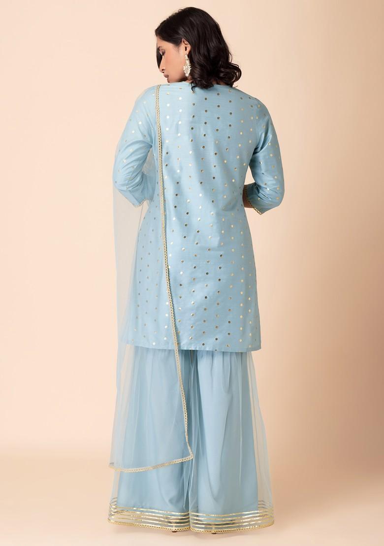 Pastel Blue Sharara With Zari Embroidered Short Kurta And Dupatta (Set of 3)