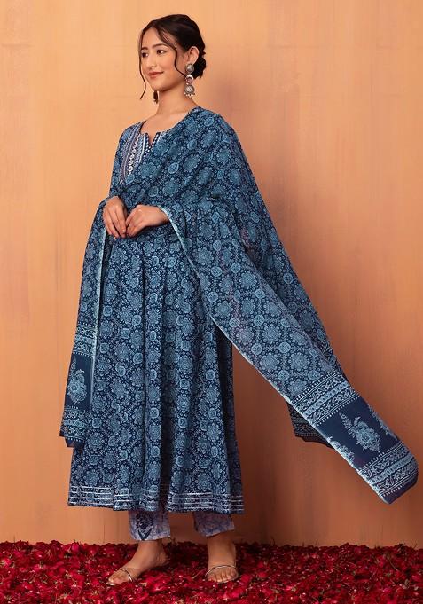 Dark Blue Embroidered Cotton Anarkali Kurta With Pants And Dupatta (Set of 3)