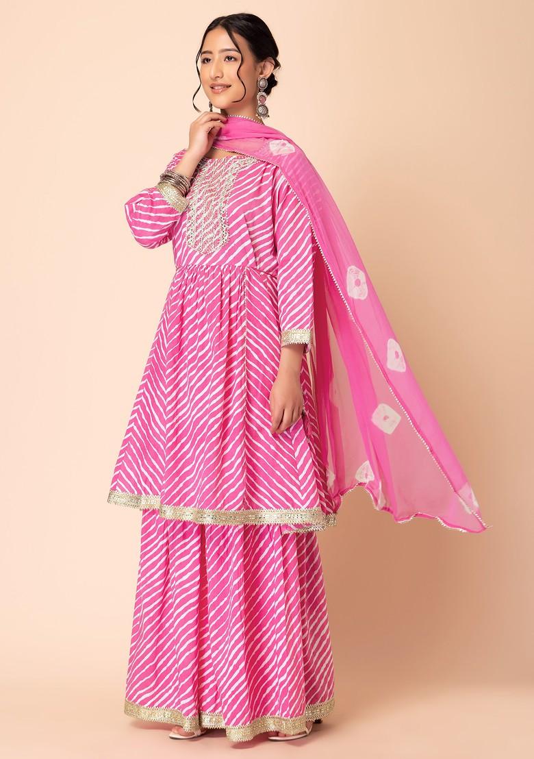 Pink Leheriya Print Cotton Sharara With Kurta And Chiffon Dupatta (Set of 3)