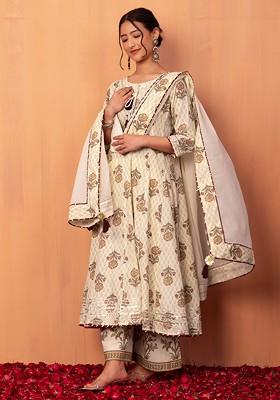 Ivory Floral Print Anarkali Kurta With Printed Pants And Dupatta (Set of 3)