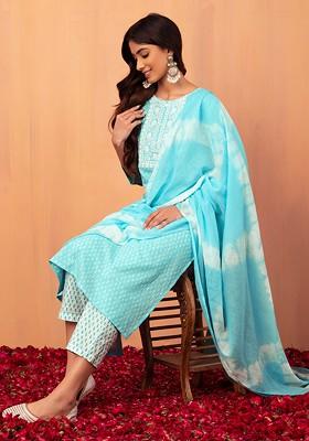 Pastel Blue Batik Print Cotton Kurta With Pants And Dupatta (Set of 3)