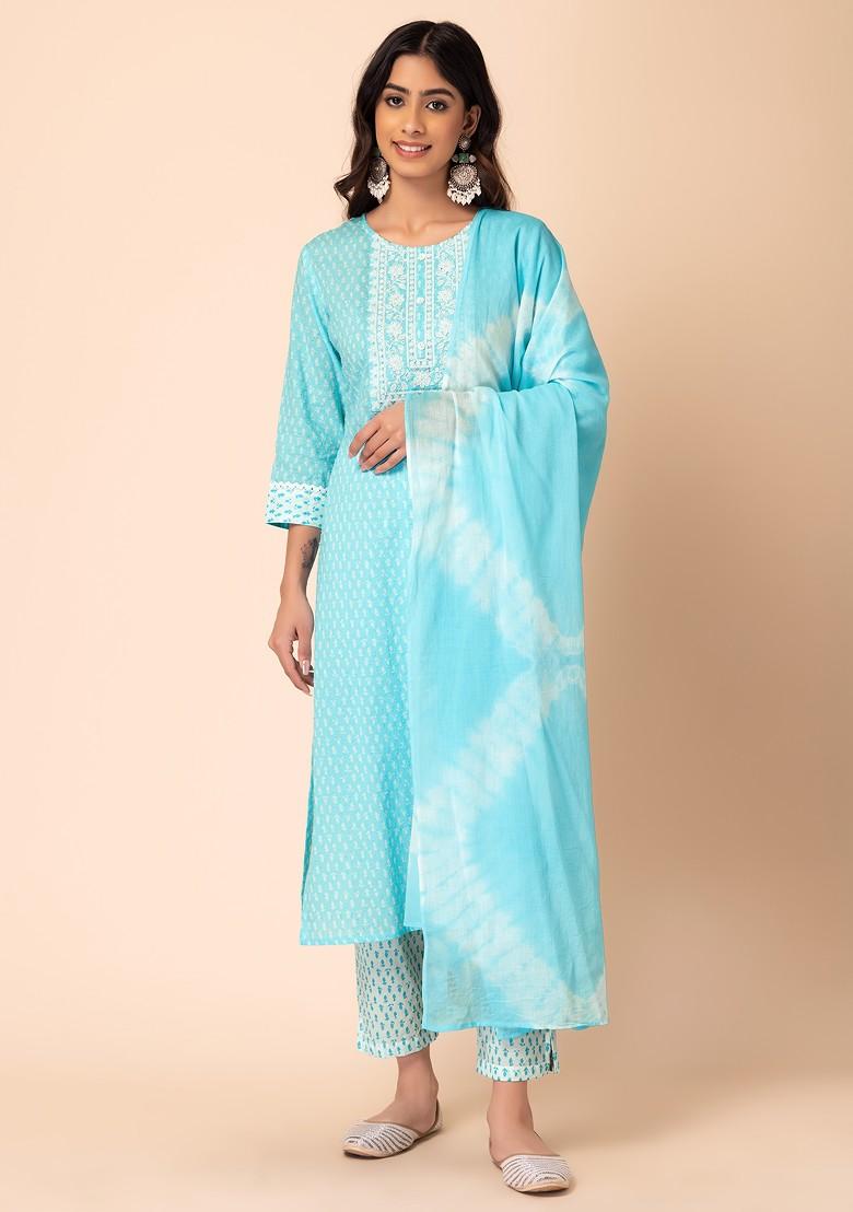 Pastel Blue Batik Print Cotton Kurta With Pants And Dupatta (Set of 3)