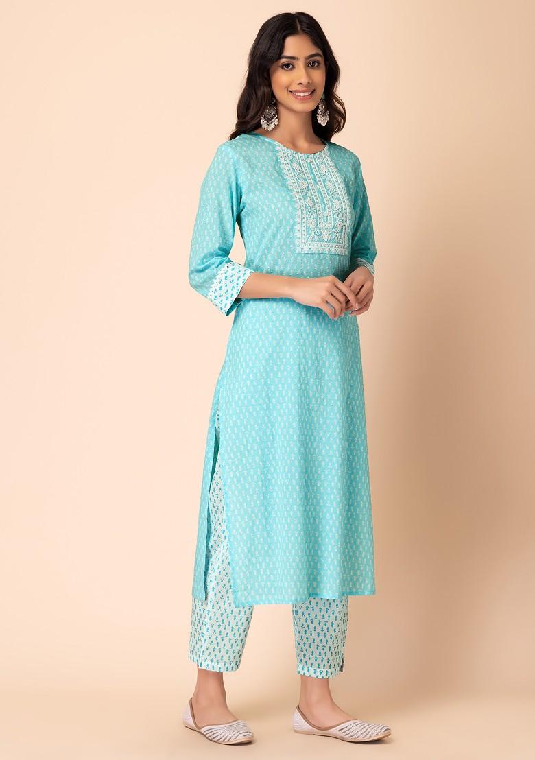 Pastel Blue Batik Print Cotton Kurta With Pants And Dupatta (Set of 3)