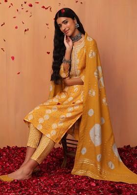 Mustard Yellow Bandhani Print Muslin Kurta With Printed Pants And Dupatta (Set of 3)
