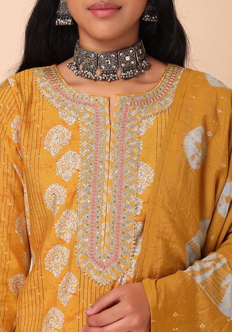 Blue Hand Work Bandhani Printed Muslin Kurta Pant Set with Dupatta