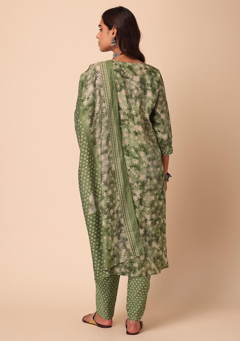 Light Green Printed Muslin Kurta With Printed Pants And Dupatta (Set of 3)
