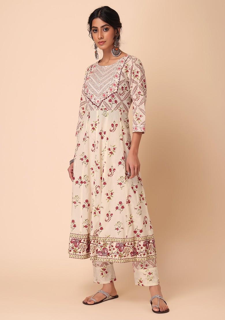 Ivory And Pink Floral Print Cotton Kurta With Printed Pants And Dupatta (Set of 3)