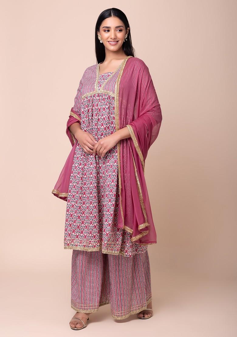 Pink Batik Print A-Line Kurta With Printed Pants And Dupatta (Set of 3)