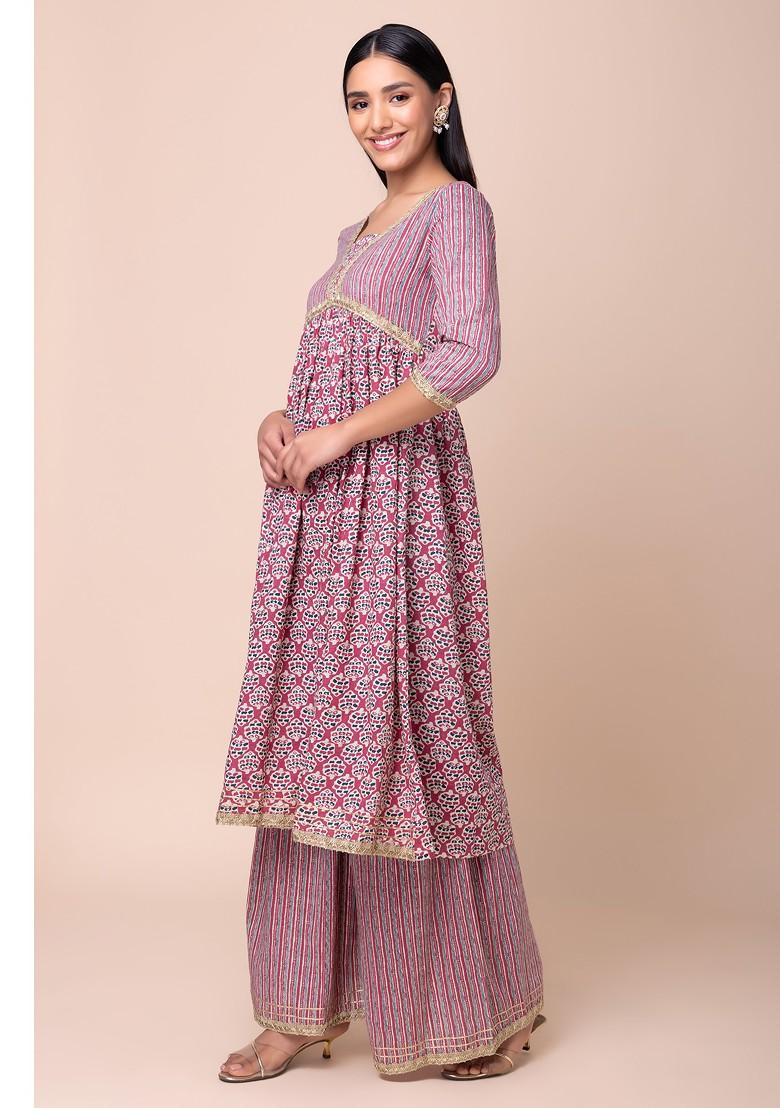 Pink Batik Print A-Line Kurta With Printed Pants And Dupatta (Set of 3)