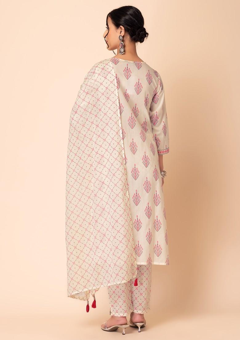 Ivory Block Print Cotton Kurta With Printed Pants And Dupatta (Set of 3)