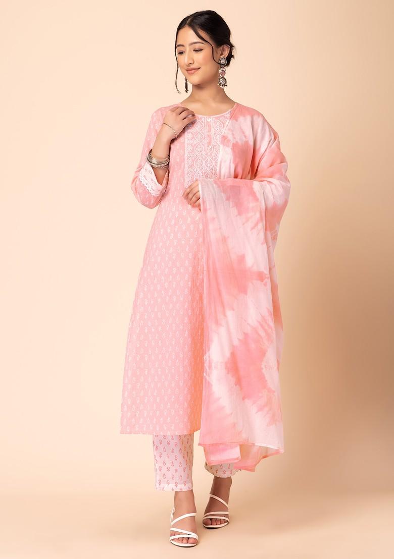 Pastel Pink Batik Print Cotton Kurta With Pants And Dupatta (Set of 3)