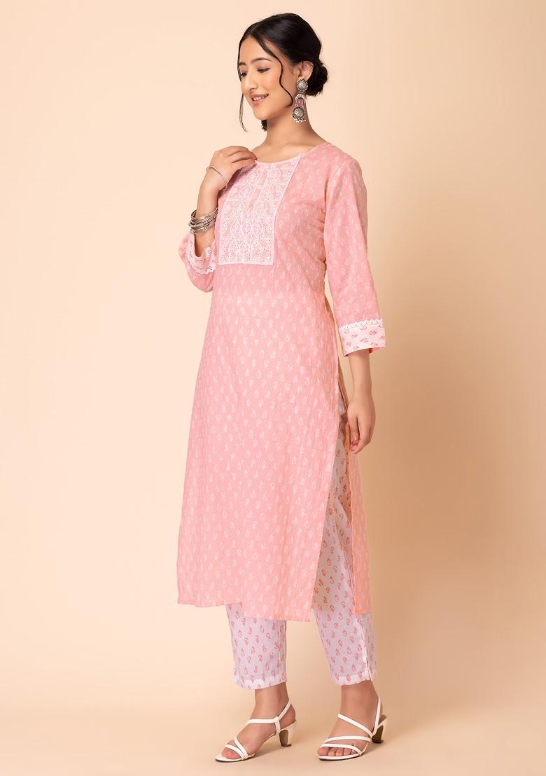 Pastel Pink Batik Print Cotton Kurta With Pants And Dupatta (Set of 3)