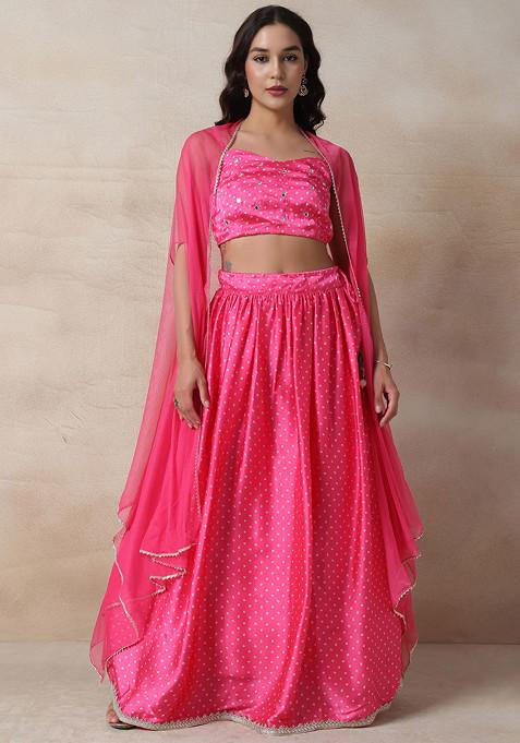 Pink Bandhani Print Lehenga With Strappy Blouse And Cape (Set of 3)