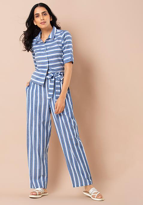 Blue Striped Cotton Crop Shirt and Belted Pants Set 
