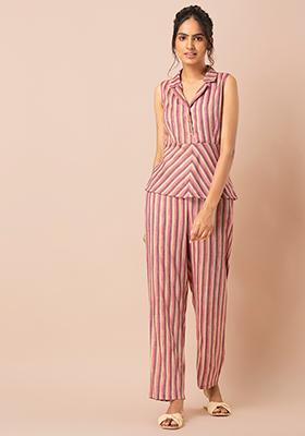 Pink Striped Viscose Peplum Top and Pants Set 