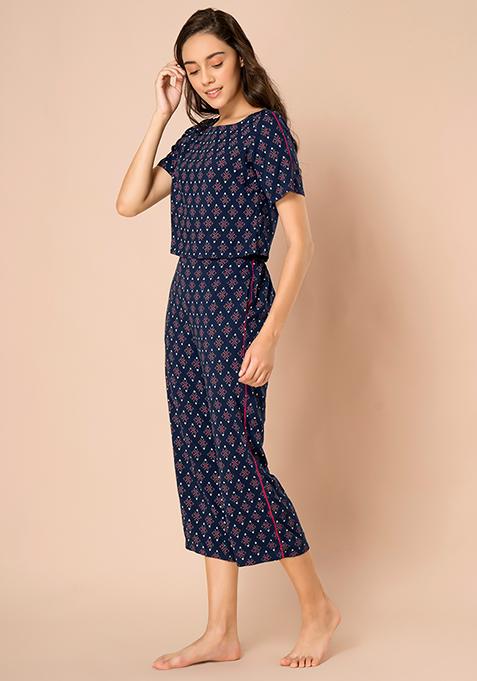 Buy Women Indigo Printed Crop Top And Pants Set - RTW - Indya