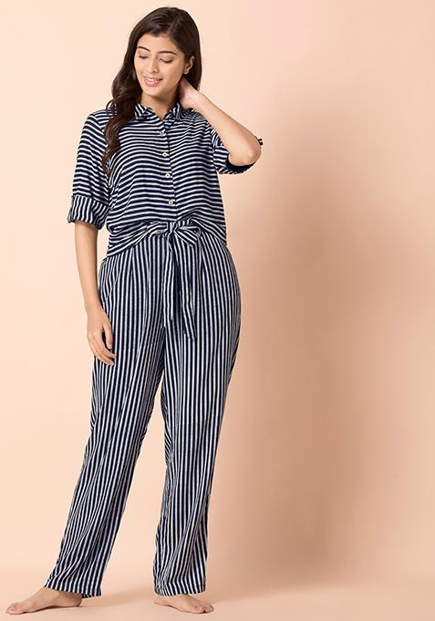 Navy Striped Cotton Crop Shirt and Belted Pyjama Set