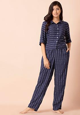 Navy Abstract Cotton Crop Shirt and Belted Pyjama Set 