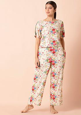 Ivory Floral Boxy Crop Top and Pants Set