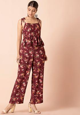 Maroon Floral Strappy Peplum Top and Pants Set