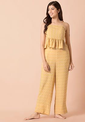 Yellow Geo Strappy Peplum Top and Pants Set