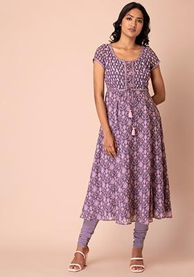 Purple Ikat Printed Kurta And Churidar Pants (Set of 2)